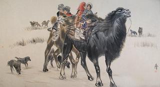 The Children and Father Sitting on the Back of Camels