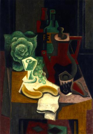 Coffee Pot, Two Bottles and Salad