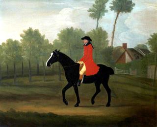 A Huntsman on a Black Horse near a Cottage