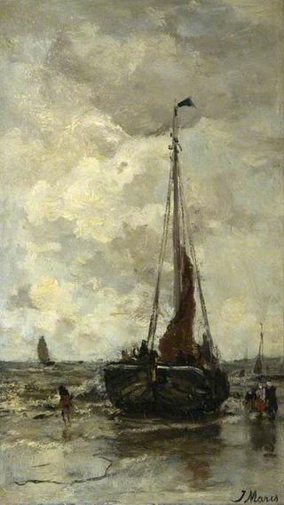 Beach Scene with a Grounded Boat