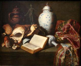 Still Life with Chinese vase, shells, antique bronzes, books and carpet