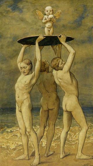 Spring Awakening. Three young men at the beach