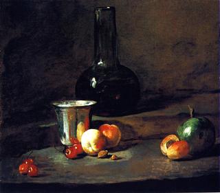 Carafe of Wine, Silver Goblet, Five Cherries, Two Peaches, an Apricot and a Green Apple