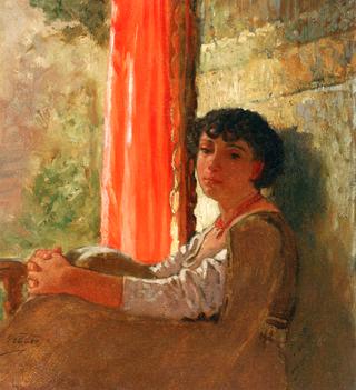 Seated Girl with a Red Curtain