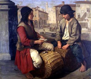 Portaroli che giocano a carte sulle ceste