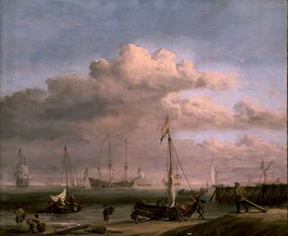 The Dutch Coast With a Weyschuit Being Launched and Another Vessel Pushing Off From the Shore