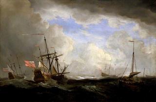 一艘英国船和一艘在海上与其他船只一起狂风中的锄头船