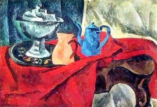 Vessels on the red tablecloth