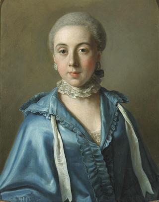 A portrait of a lady with a blue dress and lace collar