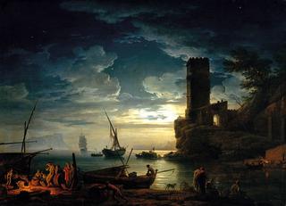 夜晚，地中海沿岸有渔民和船只的场景