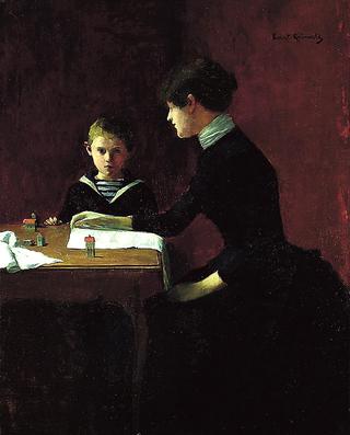 Woman and boy in interior