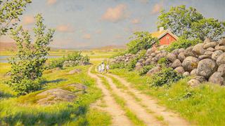 Summer landscape with walking children