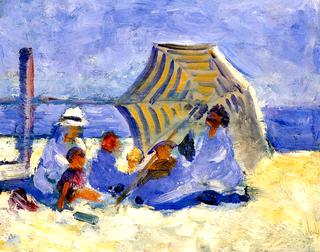 Beach Scene with Striped Umbrella