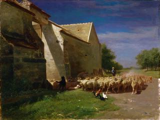 Sheep Leaving a Farmyard