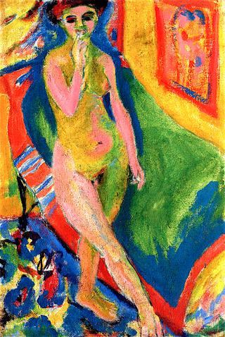 Naked Girl against a Green Sofa