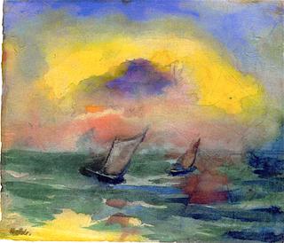 Green Sea with Two Sailboats