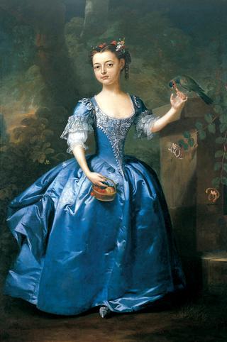 一个穿着蓝色连衣裙的女孩和一只鹦鹉在一个富丽堂皇的花园里的画像