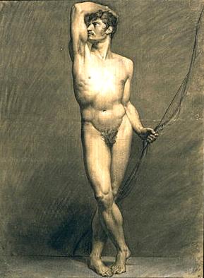 男性裸体站立，手臂抬高