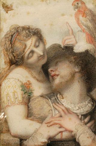 Couple embracing with parrot above