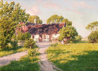 Old Farm with Woman Milking a Cow