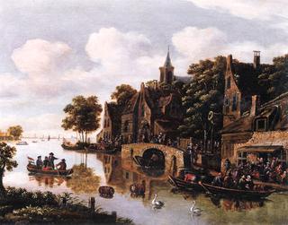A River Landscape with a Village in the Foreground and Figures Drinking outside an Inn