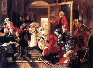 1739年，霍加斯的工作室——假期造访弃婴，观看科拉姆船长的肖像