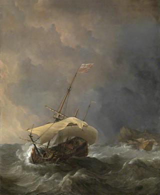 一艘英国船在狂风中试图从背风处靠岸