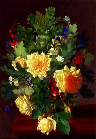 A Still Life With Yellow Roses And Freesia