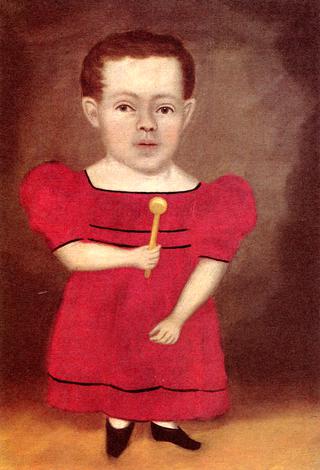 Dwarfed Boy in Red Dress Holding Rattle