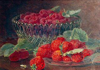 Strawberries and Raspberries in a Glass Bowl