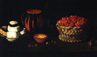 Naturaleza muerta, Cesta con cerezas, quesos y barros
