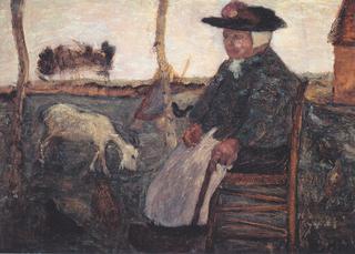 Old farmer with a goat
