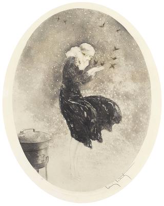 Lady Feeding Birds in the Snow