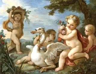 Putti Adorning a Swan with a Garland of Flowers