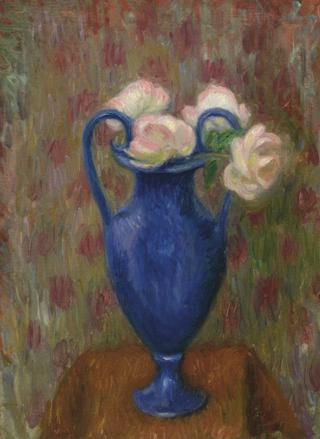 Pink Roses in Blue Urn