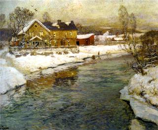 Cottage by a Canal in the Snow
