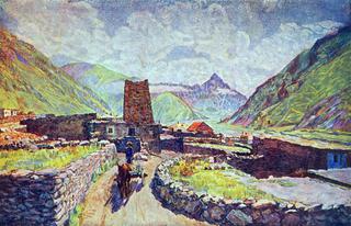 Georgia. View of Mount Kabardzhino and Village