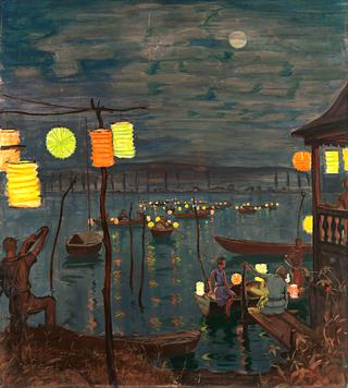 View of Lake Konstanz with Lampion-decorated Boats on a Summer Night