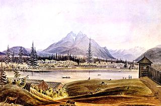Hudson's Bay Company Fort Langley, Left Bank of Fraser River, Langley Butte in the Distance