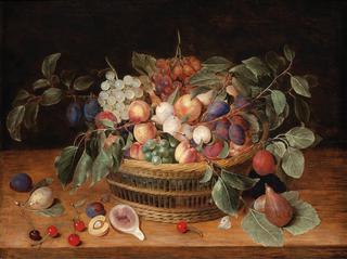 Still Life with Peaches, Plums and Grapes in a Basket on a Ledge