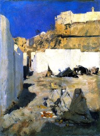 Moroccan Fortress, with Three Women in the Foreground
