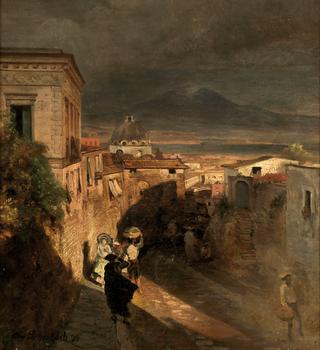 Alleyways of the Oldtown in Naples with View on The Vesuvius
