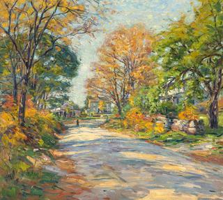 Figure Walking on Tree-Lined Street