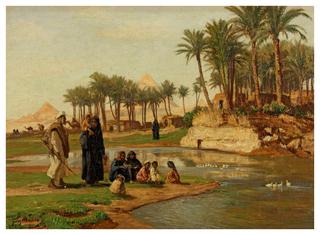 Fellah Family before Egyptian Pyramids