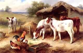 Calves, a Cockerel and Hens beside a Barn