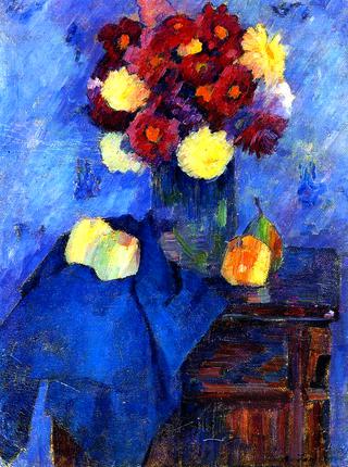 Vase with Dahlias on a Tall-Boy