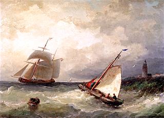A Stiff Breeze with a Flatboat and a Two-Master near the Dutch Coast