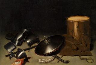 Still Life with armor, shield, halberd, sword, leather jacket and drum