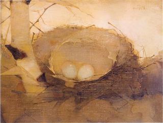 Bird's nest in birch trunk