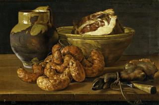 Still-life with Sausages, Ham and Pottery